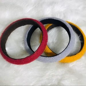 Set of 3 Stackable Boho Chic Felt Fabric Bangles Red Yellow Gray